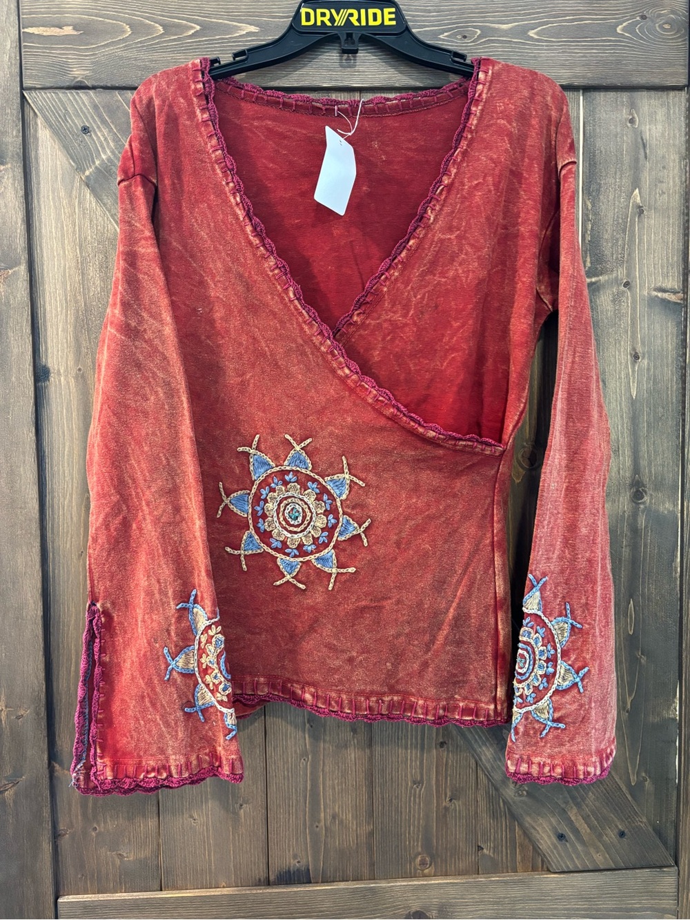 Rust Red Embroidered Wrap-Style Women's Top